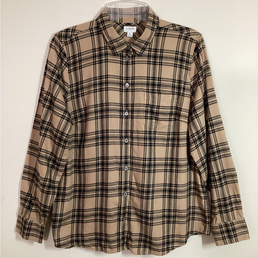 J Crew Womens XL Cotton Flannel Shirt Lightweight Brown Black Plaid